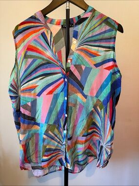 APNY Print Chiffon Button-Up Sleeveless Top Geometric Multicolor XL